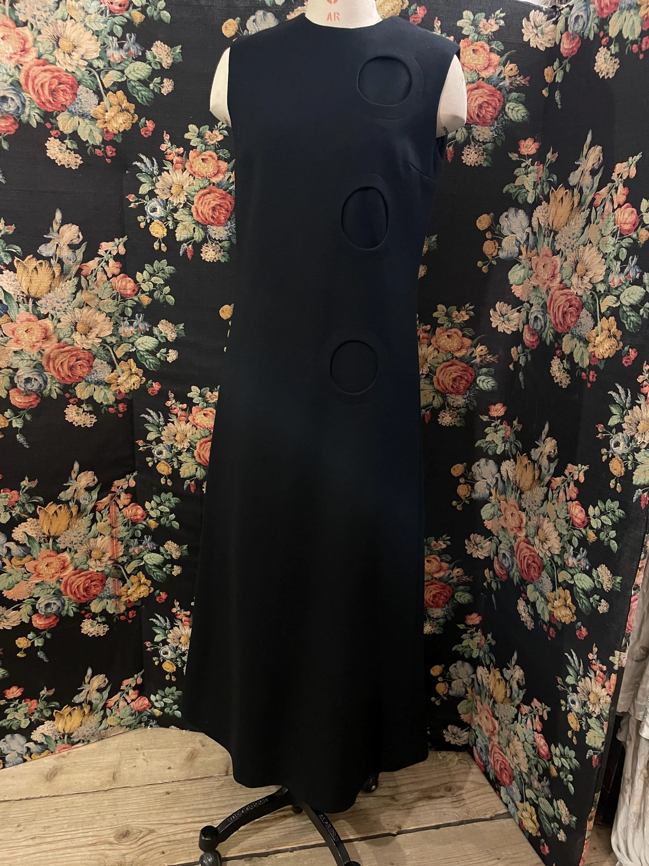 Vintage 60s Pierre Cardin Paris, Exclusive Design for Miss Selfridge Jersey Collection, Pure New Wool, Long Black Maxi Shift Dress, 10-12