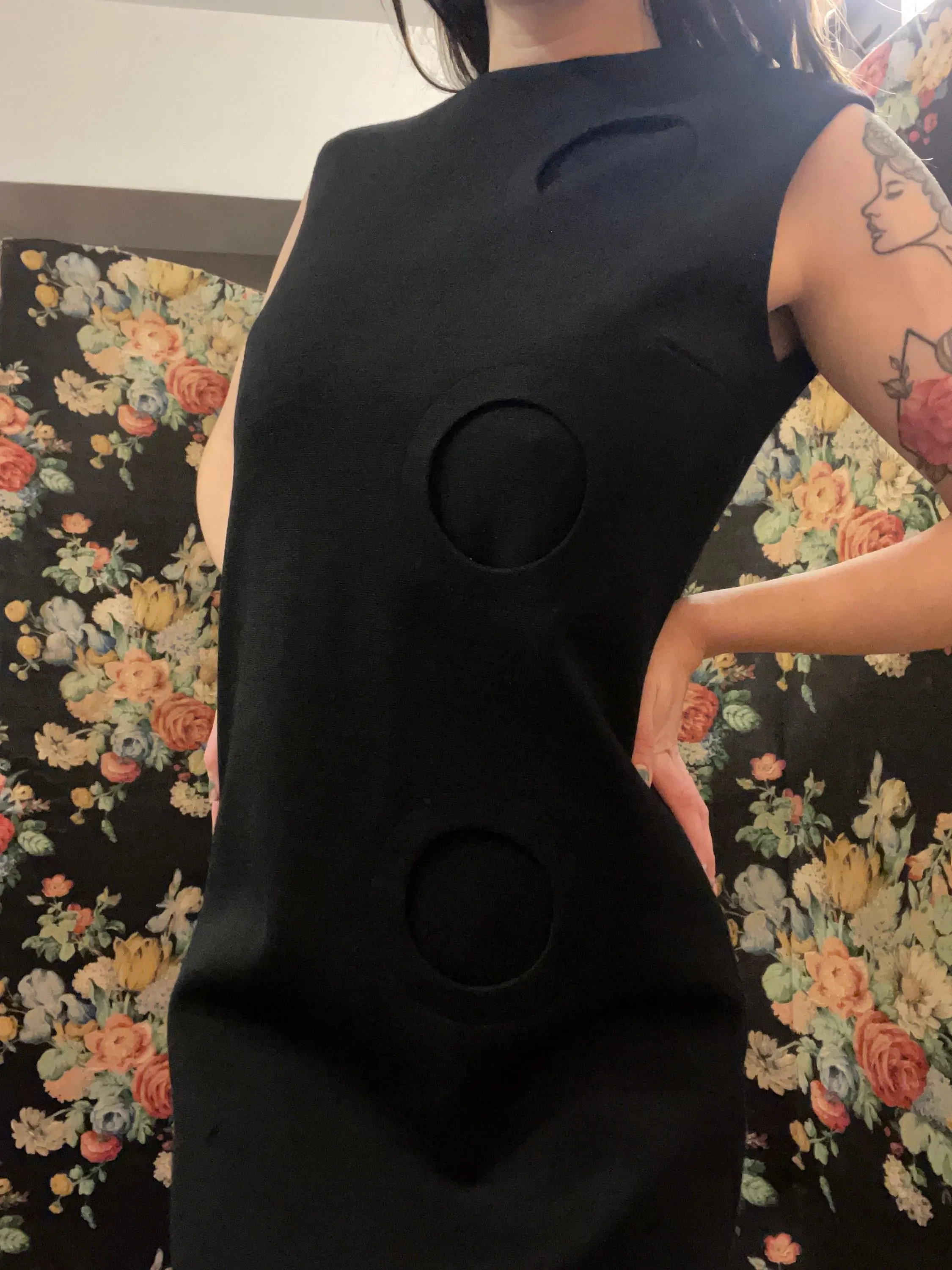 Vintage 60s Pierre Cardin Paris, Exclusive Design for Miss Selfridge Jersey Collection, Pure New Wool, Long Black Maxi Shift Dress, 10-12