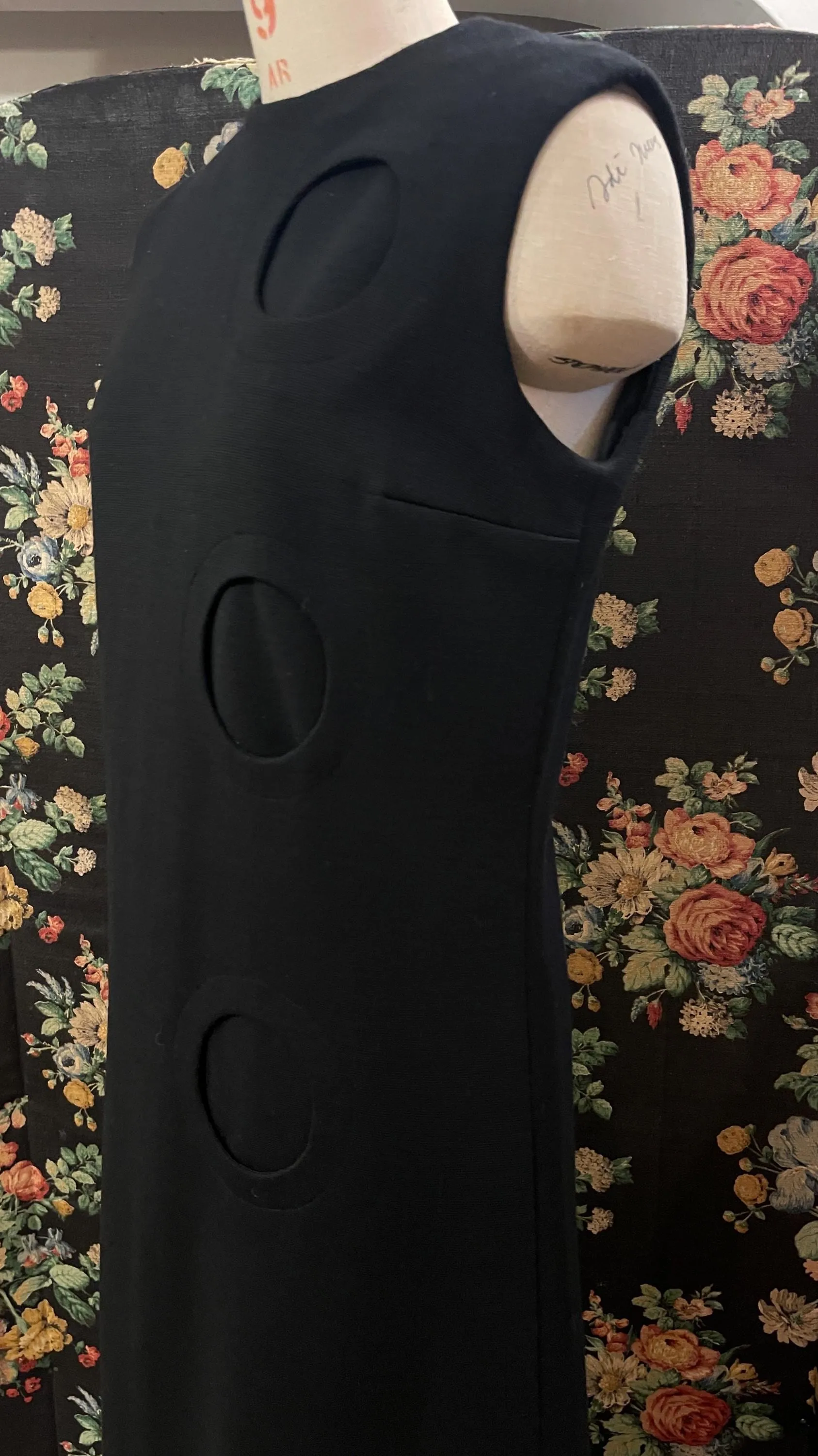 Vintage 60s Pierre Cardin Paris, Exclusive Design for Miss Selfridge Jersey Collection, Pure New Wool, Long Black Maxi Shift Dress, 10-12