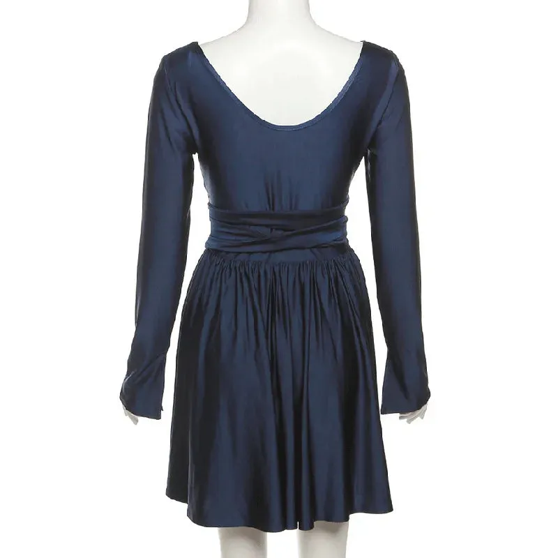 Waist Wrap A-line Autumn Winter V Neck Backless Nightclub Sexy Party Mini Dress