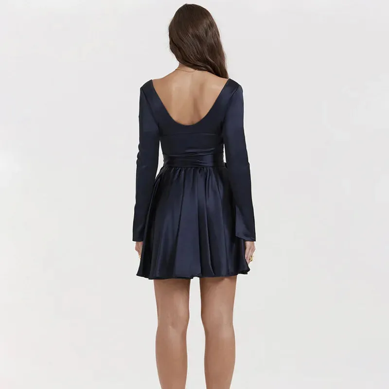 Waist Wrap A-line Autumn Winter V Neck Backless Nightclub Sexy Party Mini Dress