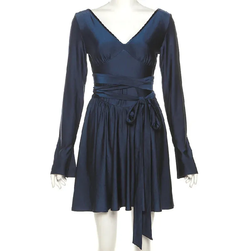 Waist Wrap A-line Autumn Winter V Neck Backless Nightclub Sexy Party Mini Dress