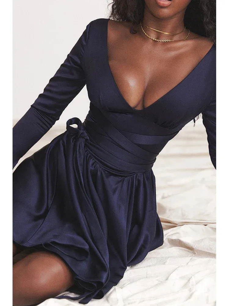 Waist Wrap A-line Autumn Winter V Neck Backless Nightclub Sexy Party Mini Dress