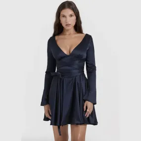 Waist Wrap A-line Autumn Winter V Neck Backless Nightclub Sexy Party Mini Dress