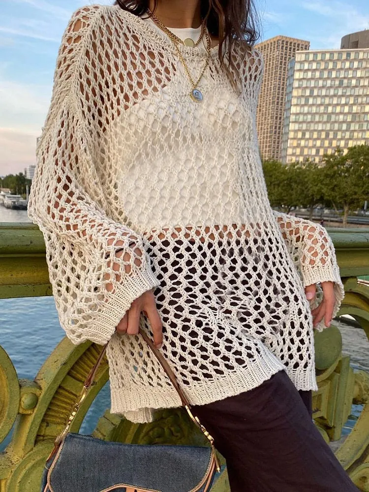 Wenkouban Harajuku Hollow Out Knit Pullovers Crewneck Autumn Vintage  Grunge Top Fashion Retro Smock Sweater