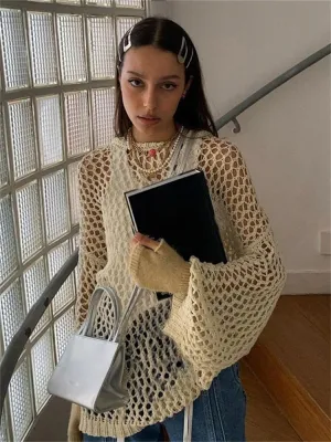 Wenkouban Harajuku Hollow Out Knit Pullovers Crewneck Autumn Vintage  Grunge Top Fashion Retro Smock Sweater