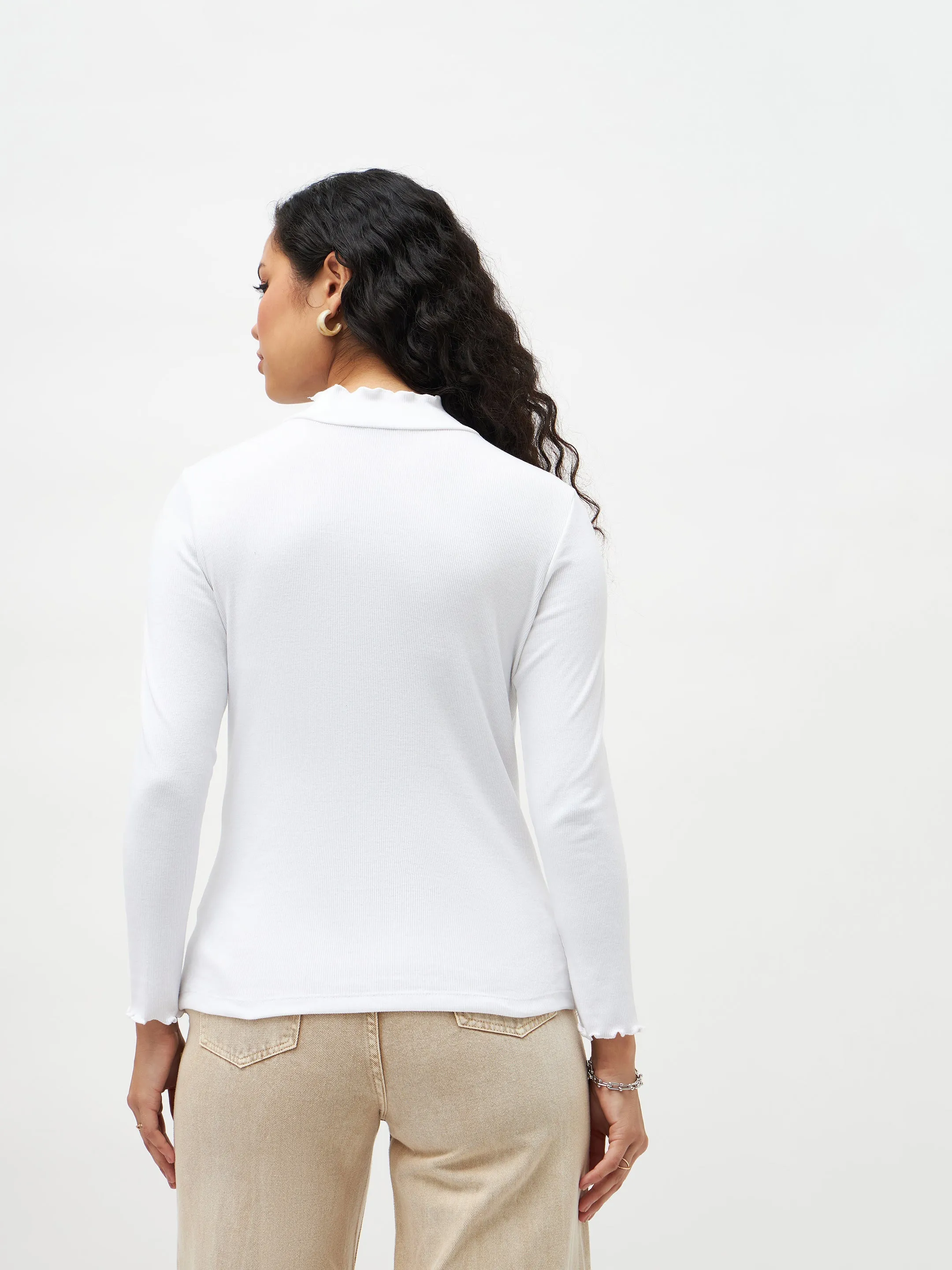 White Rib High Neck Full Sleeve Top