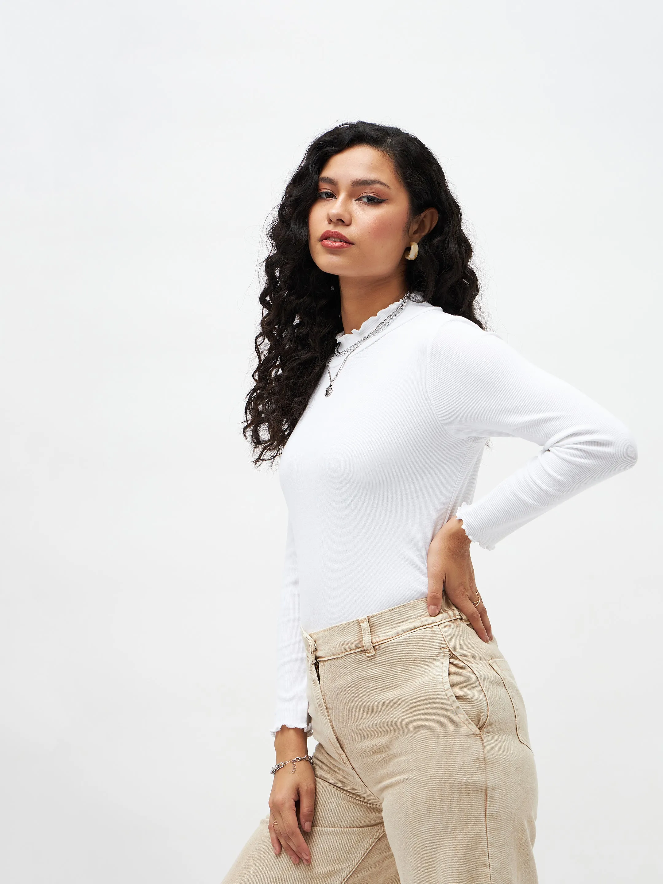White Rib High Neck Full Sleeve Top