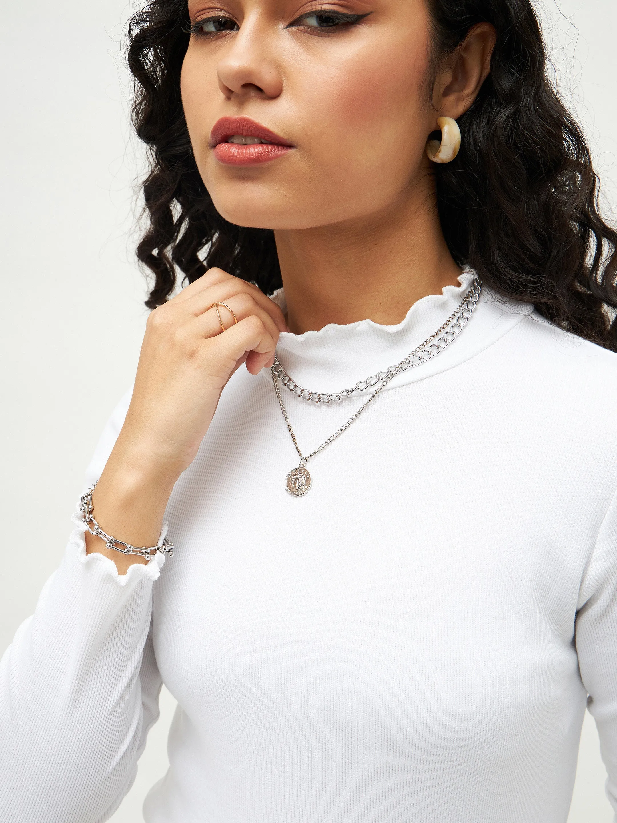 White Rib High Neck Full Sleeve Top
