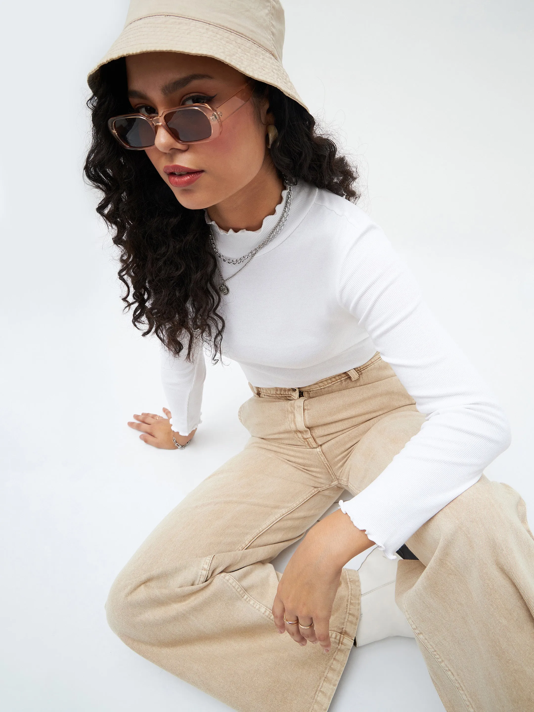 White Rib High Neck Full Sleeve Top