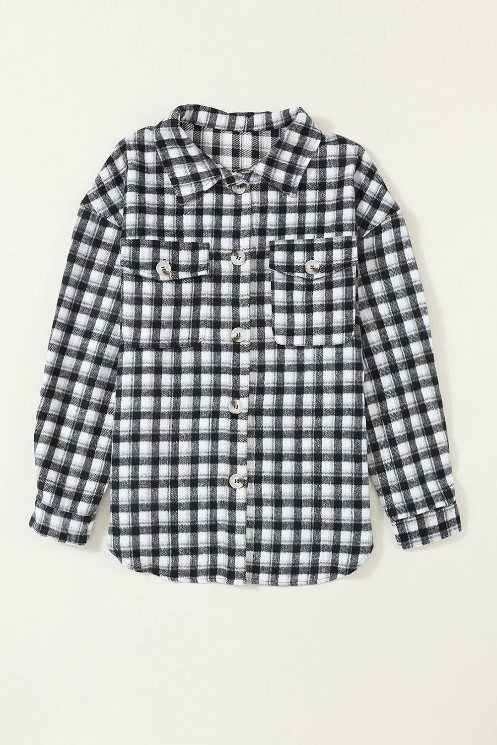 Wholesale Black Plaid Print Chest Pockets Buttoned Tunic Shacket