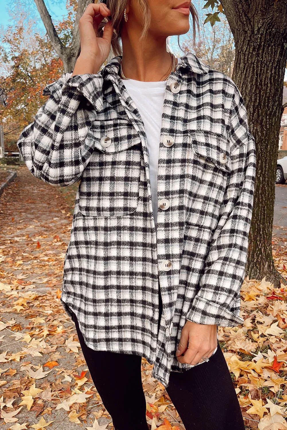 Wholesale Black Plaid Print Chest Pockets Buttoned Tunic Shacket