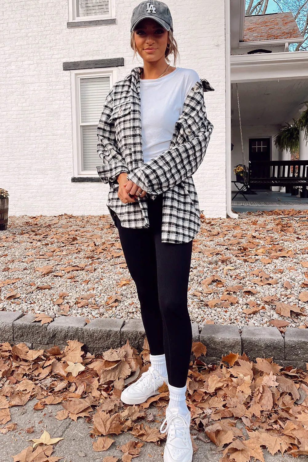 Wholesale Black Plaid Print Chest Pockets Buttoned Tunic Shacket