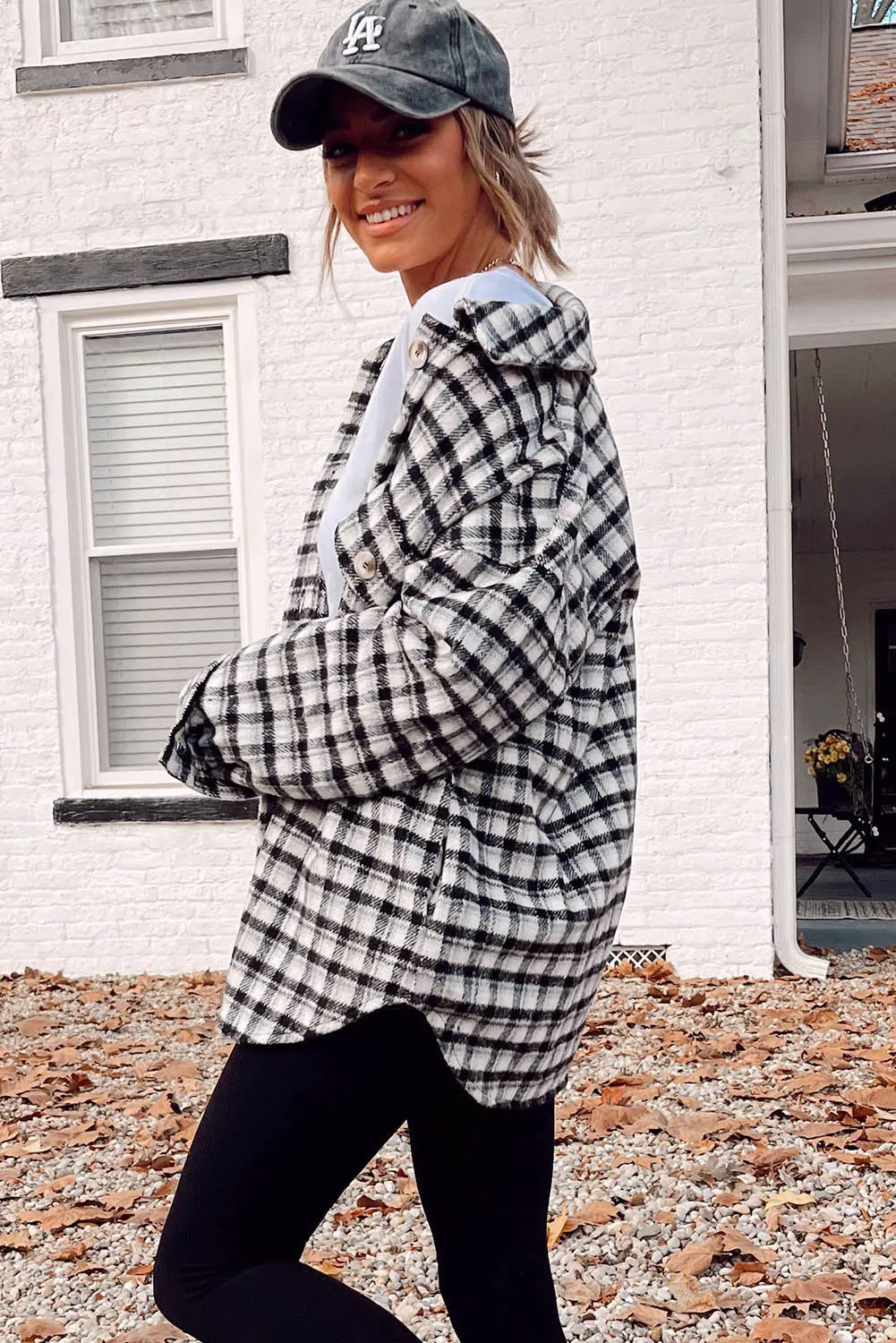 Wholesale Black Plaid Print Chest Pockets Buttoned Tunic Shacket