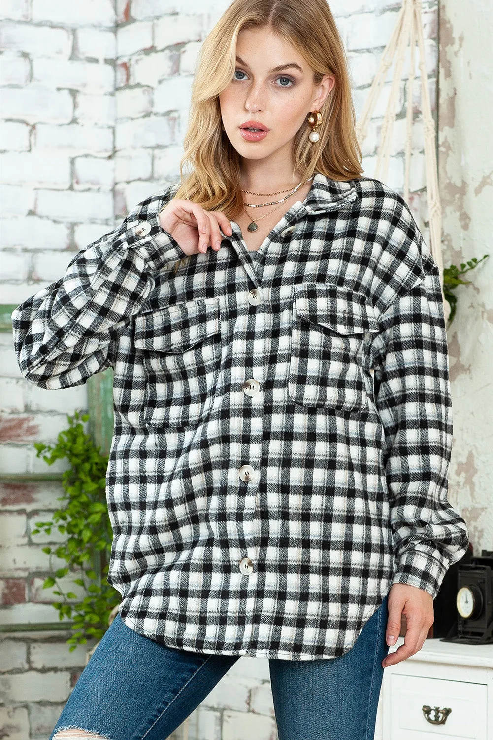 Wholesale Black Plaid Print Chest Pockets Buttoned Tunic Shacket