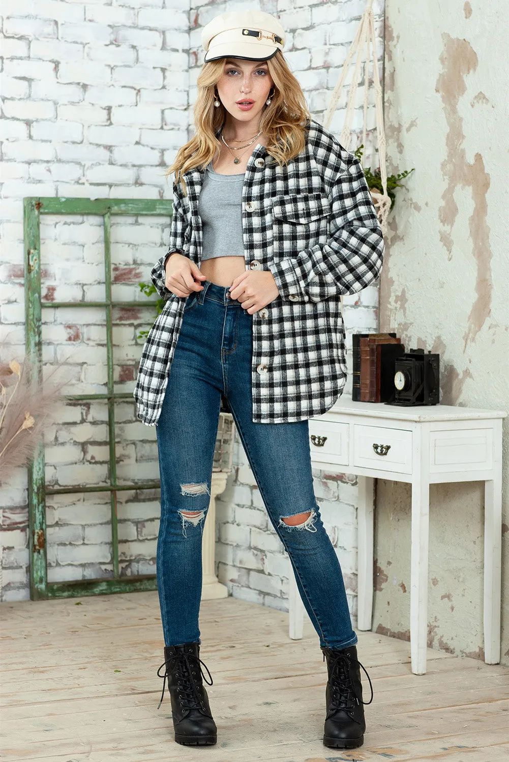 Wholesale Black Plaid Print Chest Pockets Buttoned Tunic Shacket