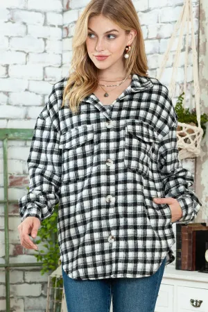 Wholesale Black Plaid Print Chest Pockets Buttoned Tunic Shacket