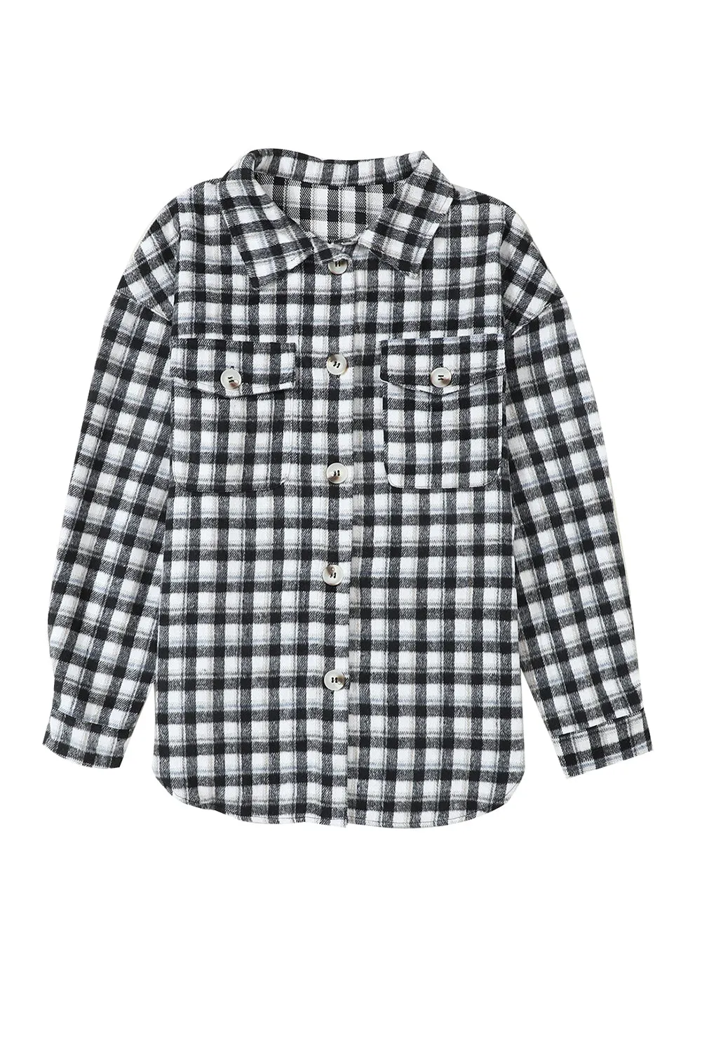 Wholesale Black Plaid Print Chest Pockets Buttoned Tunic Shacket