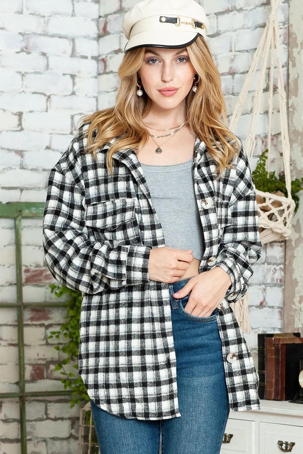 Wholesale Black Plaid Print Chest Pockets Buttoned Tunic Shacket