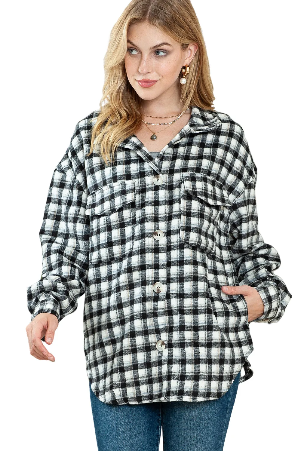 Wholesale Black Plaid Print Chest Pockets Buttoned Tunic Shacket