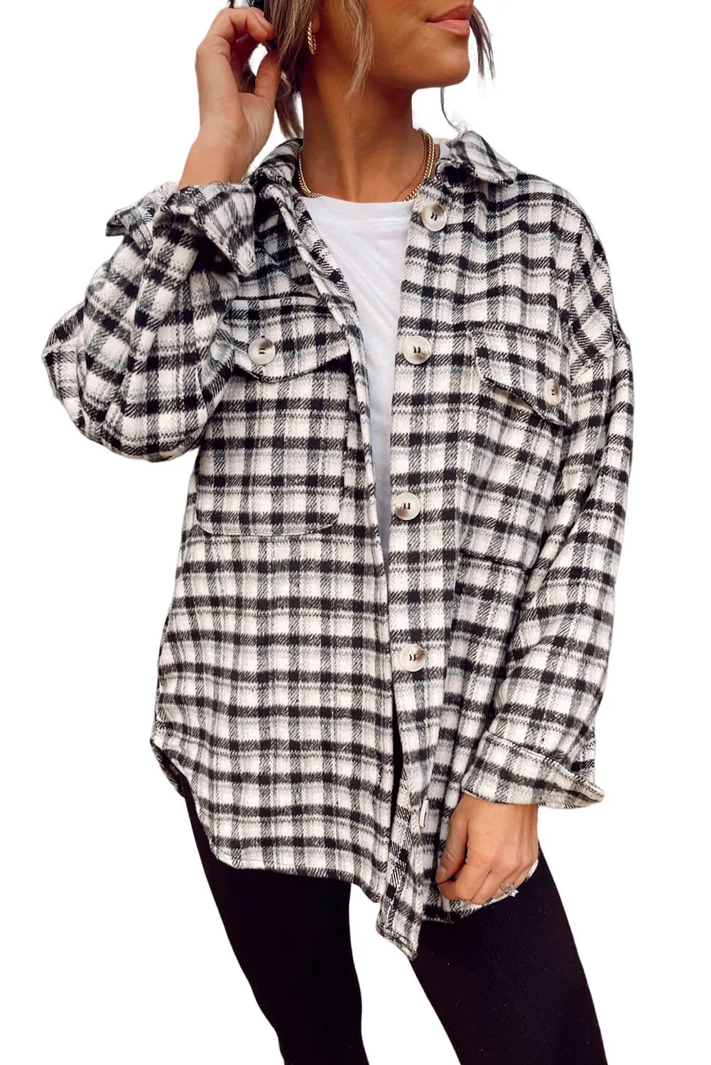 Wholesale Black Plaid Print Chest Pockets Buttoned Tunic Shacket