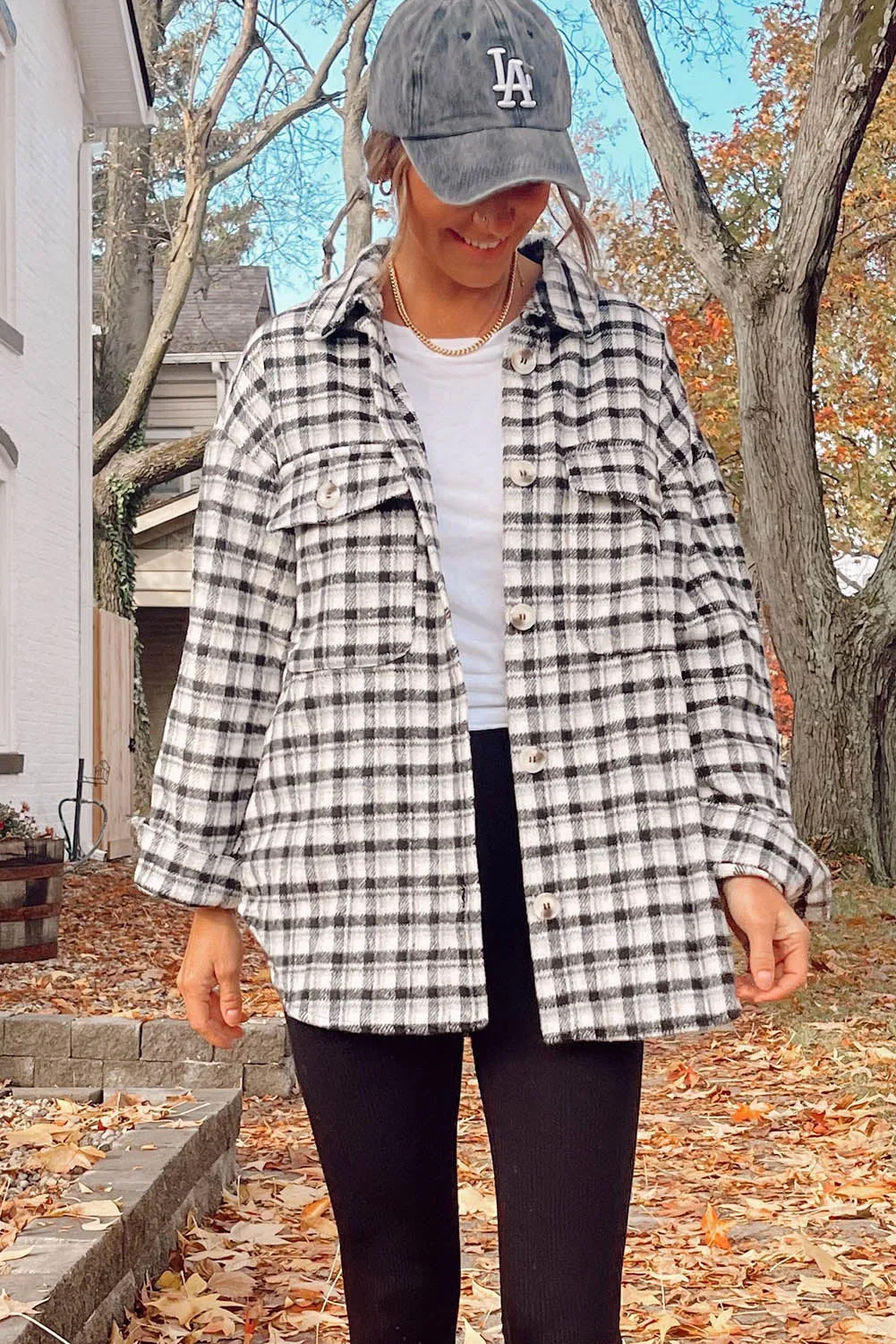 Wholesale Black Plaid Print Chest Pockets Buttoned Tunic Shacket