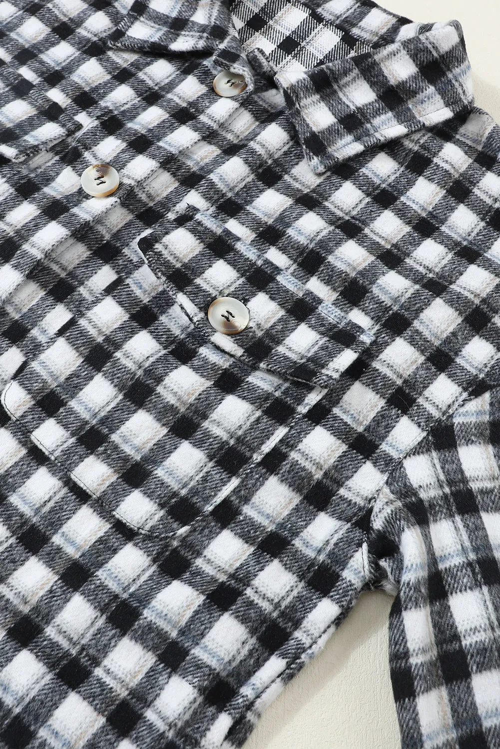 Wholesale Black Plaid Print Chest Pockets Buttoned Tunic Shacket