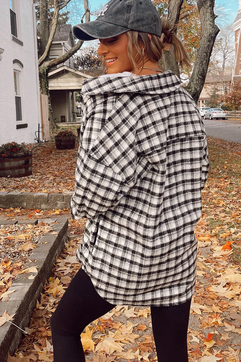 Wholesale Black Plaid Print Chest Pockets Buttoned Tunic Shacket
