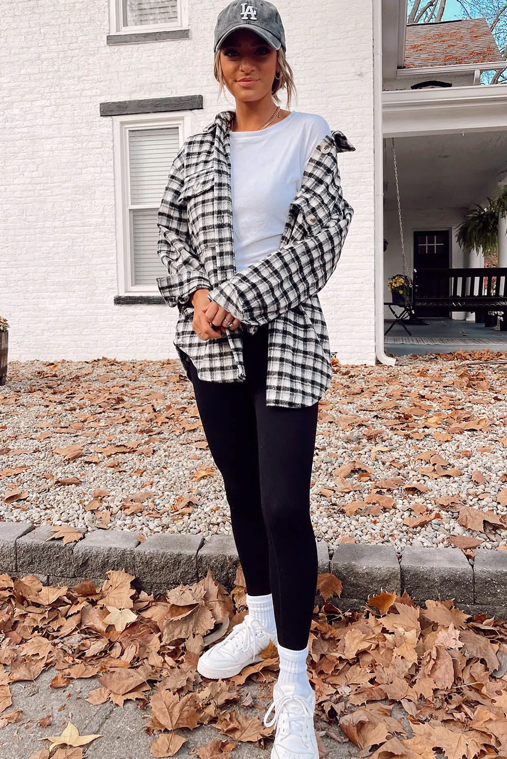 Wholesale Black Plaid Print Chest Pockets Buttoned Tunic Shacket