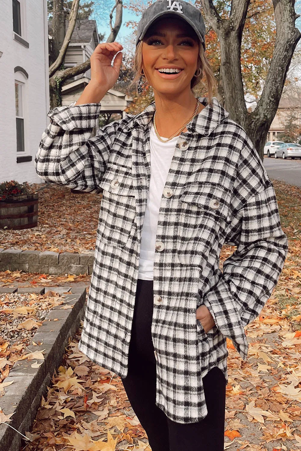 Wholesale Black Plaid Print Chest Pockets Buttoned Tunic Shacket