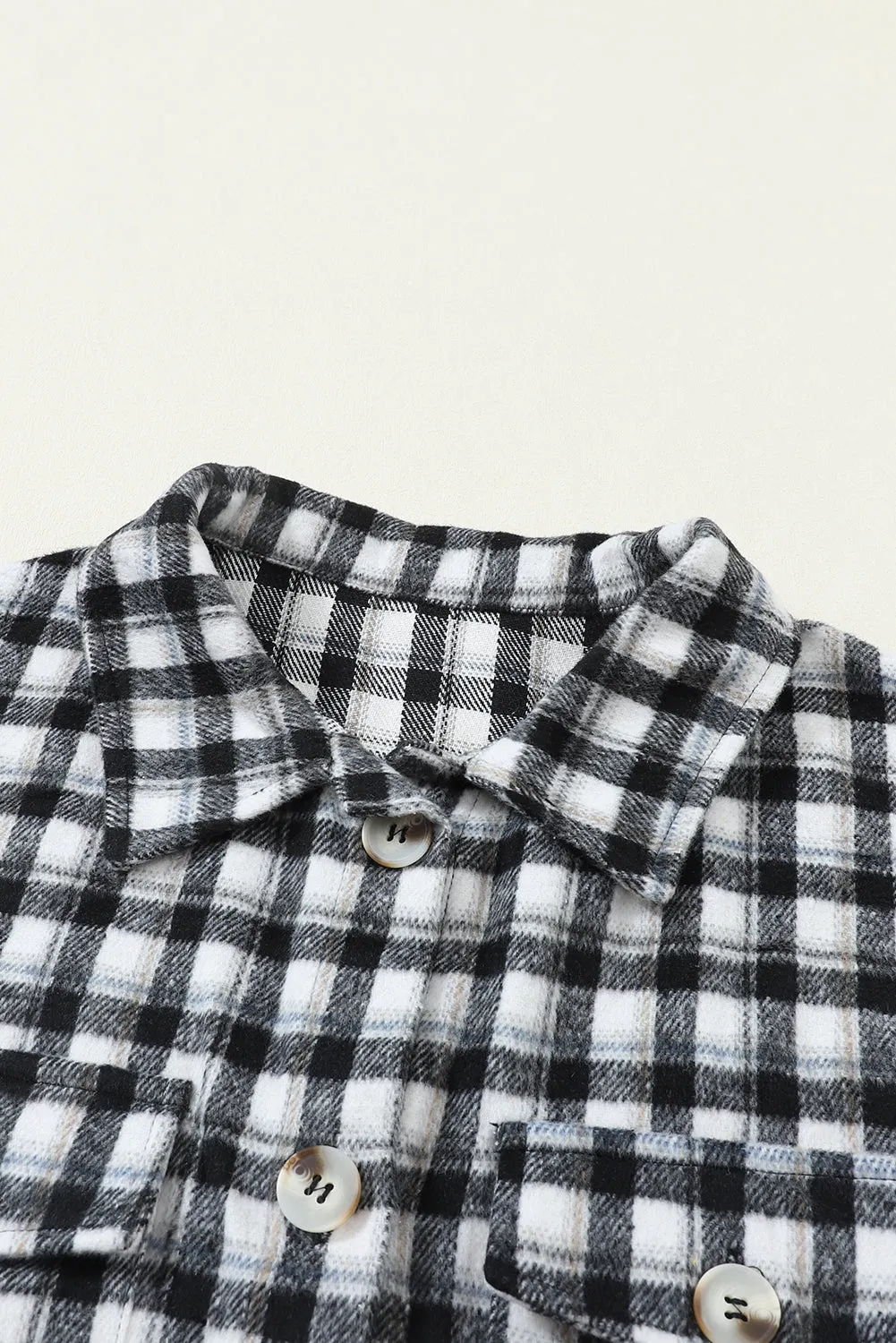 Wholesale Black Plaid Print Chest Pockets Buttoned Tunic Shacket