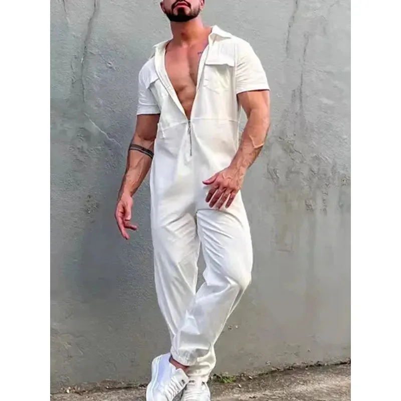Wiaofellas Men Clothing Vintage Trousers Playsuits Streetwear Mens Overalls Romper Summer Fashion Loose Lapel Zipper Short Sleeve Jumpsuits