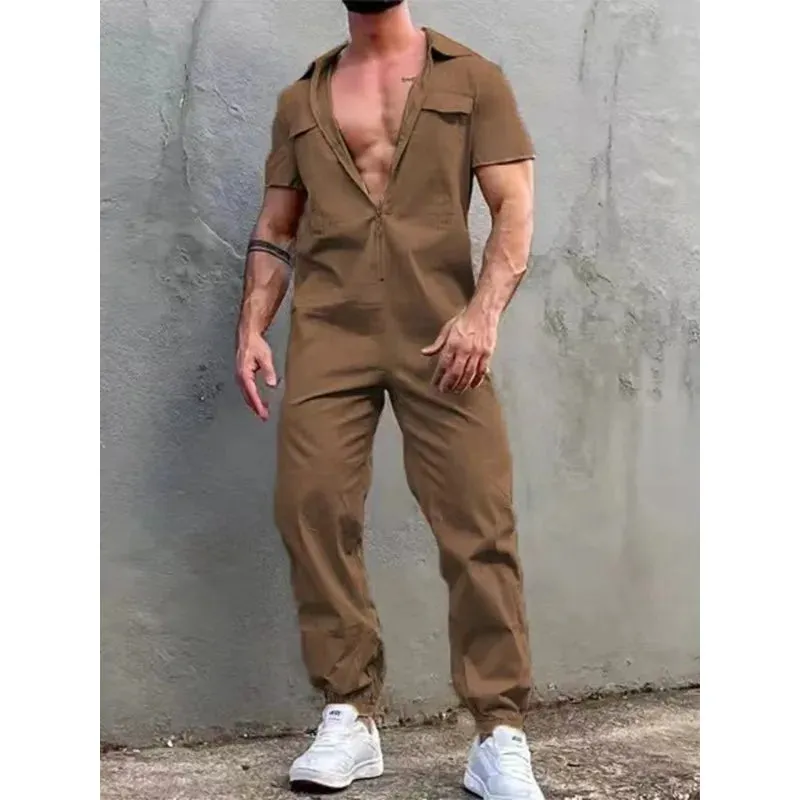 Wiaofellas Men Clothing Vintage Trousers Playsuits Streetwear Mens Overalls Romper Summer Fashion Loose Lapel Zipper Short Sleeve Jumpsuits