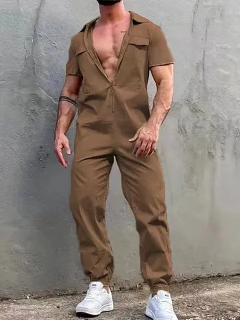 Wiaofellas Men Clothing Vintage Trousers Playsuits Streetwear Mens Overalls Romper Summer Fashion Loose Lapel Zipper Short Sleeve Jumpsuits