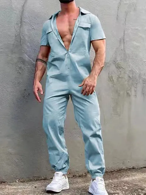 Wiaofellas Men Clothing Vintage Trousers Playsuits Streetwear Mens Overalls Romper Summer Fashion Loose Lapel Zipper Short Sleeve Jumpsuits