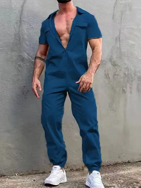 Wiaofellas Men Clothing Vintage Trousers Playsuits Streetwear Mens Overalls Romper Summer Fashion Loose Lapel Zipper Short Sleeve Jumpsuits