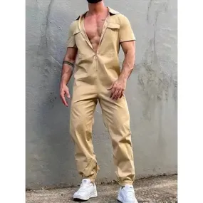 Wiaofellas Men Clothing Vintage Trousers Playsuits Streetwear Mens Overalls Romper Summer Fashion Loose Lapel Zipper Short Sleeve Jumpsuits