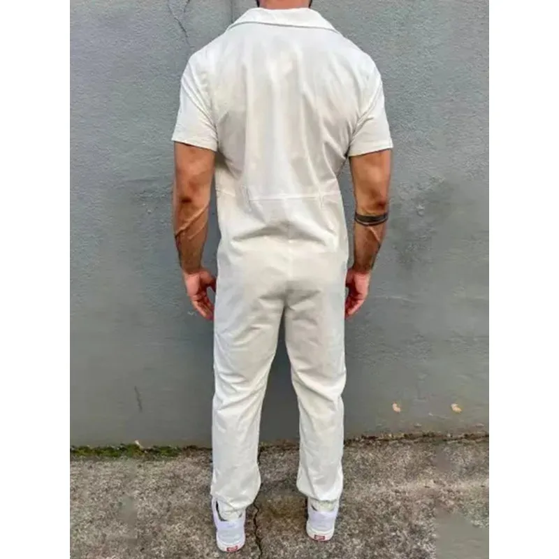 Wiaofellas Men Clothing Vintage Trousers Playsuits Streetwear Mens Overalls Romper Summer Fashion Loose Lapel Zipper Short Sleeve Jumpsuits