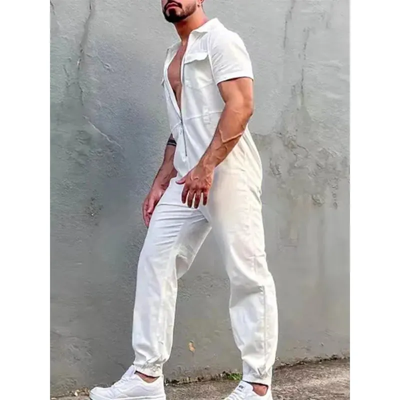Wiaofellas Men Clothing Vintage Trousers Playsuits Streetwear Mens Overalls Romper Summer Fashion Loose Lapel Zipper Short Sleeve Jumpsuits