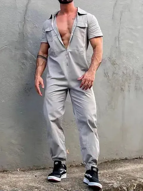 Wiaofellas Men Clothing Vintage Trousers Playsuits Streetwear Mens Overalls Romper Summer Fashion Loose Lapel Zipper Short Sleeve Jumpsuits