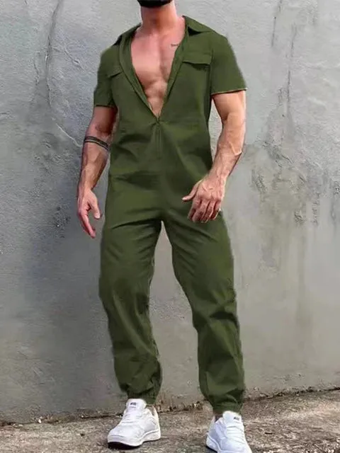 Wiaofellas Men Clothing Vintage Trousers Playsuits Streetwear Mens Overalls Romper Summer Fashion Loose Lapel Zipper Short Sleeve Jumpsuits