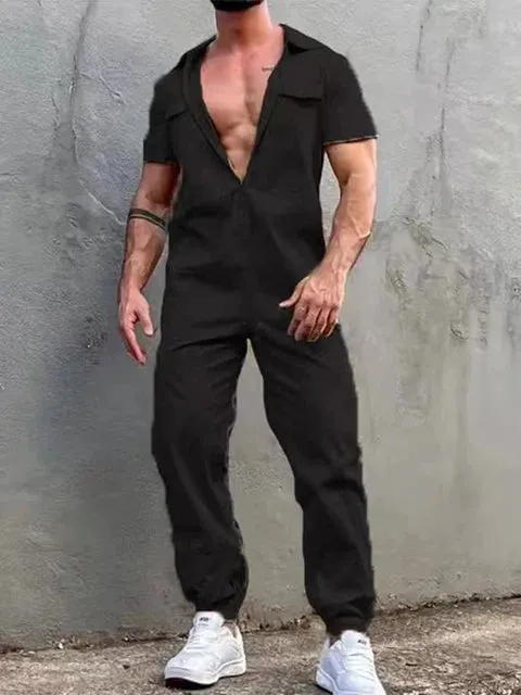 Wiaofellas Men Clothing Vintage Trousers Playsuits Streetwear Mens Overalls Romper Summer Fashion Loose Lapel Zipper Short Sleeve Jumpsuits