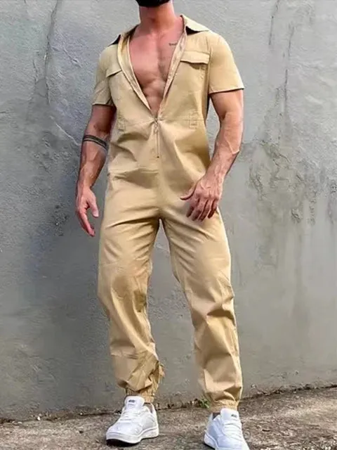 Wiaofellas Men Clothing Vintage Trousers Playsuits Streetwear Mens Overalls Romper Summer Fashion Loose Lapel Zipper Short Sleeve Jumpsuits