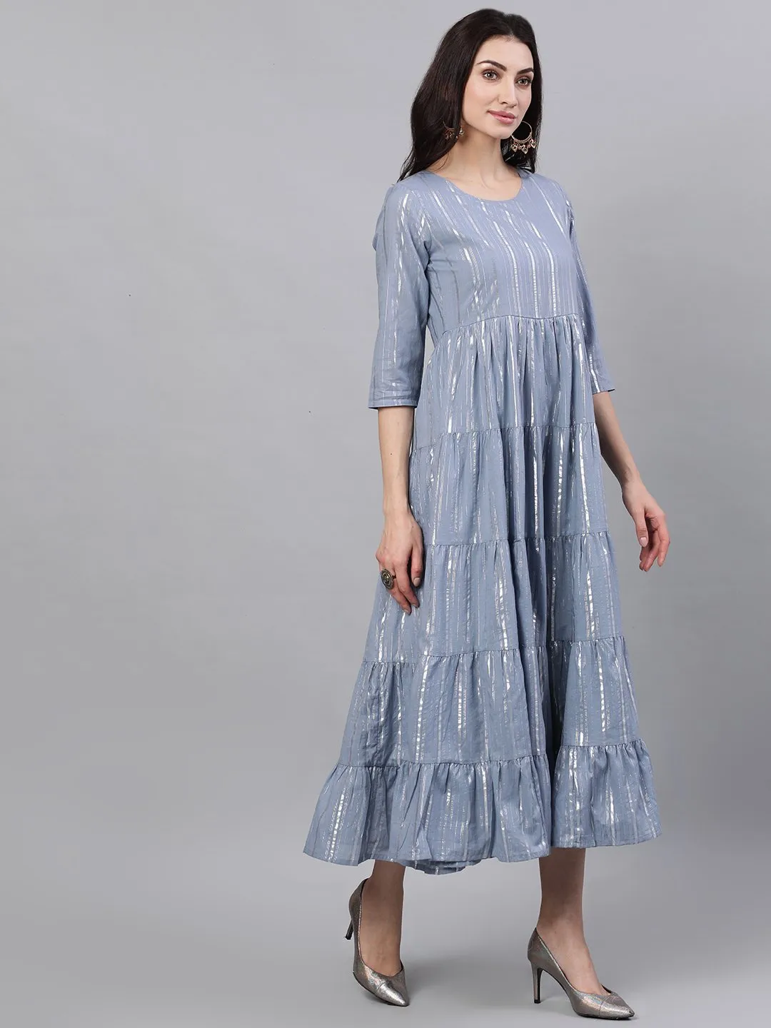 Women Light Grey Solid Solid Round Neck Cotton Maxi Dress