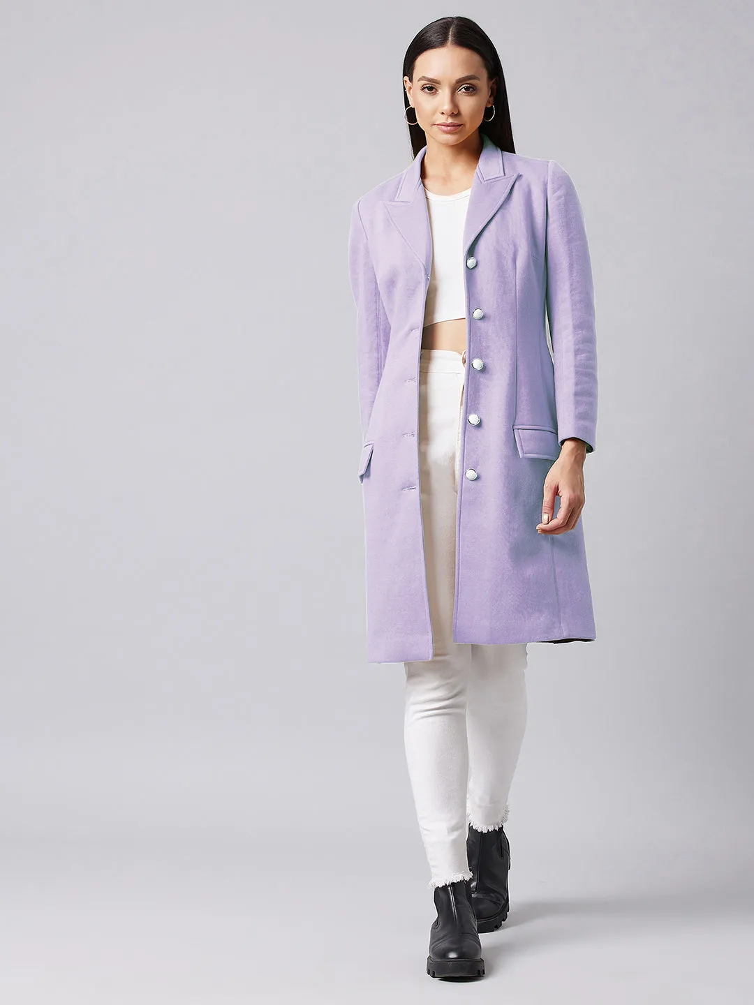 Women's Lavender Notch Collar Full sleeve Solid Paneled Knee length Jacket