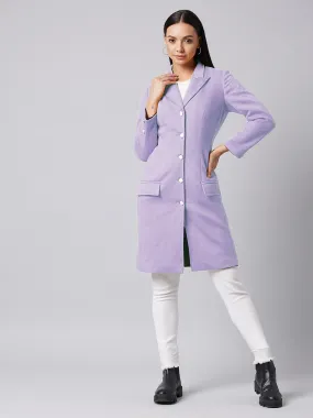 Women's Lavender Notch Collar Full sleeve Solid Paneled Knee length Jacket