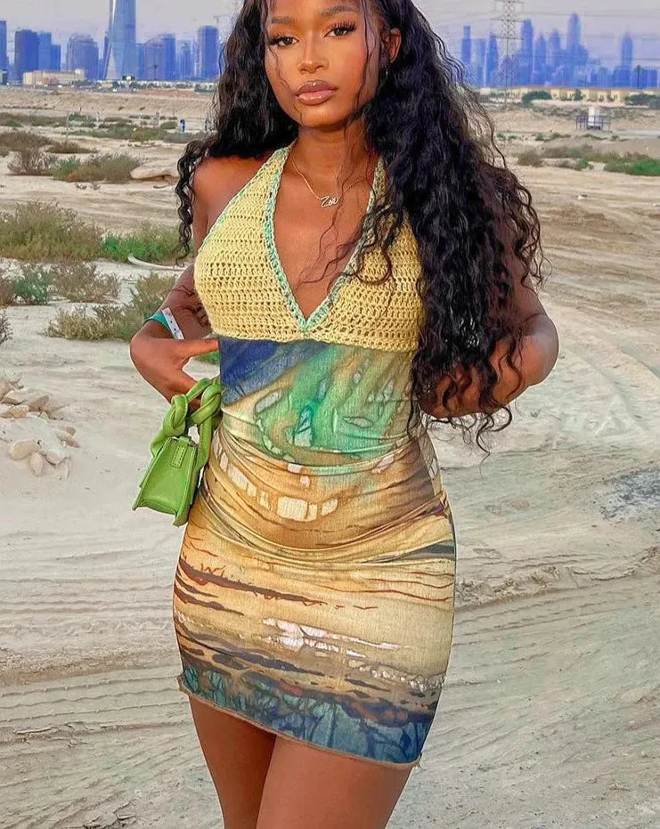 Women's Spring New Sexy Printed Mini Dress Woolen knitted Deep V Neck Wrap Hip Dress for Women Skinny Streetwear Vestido