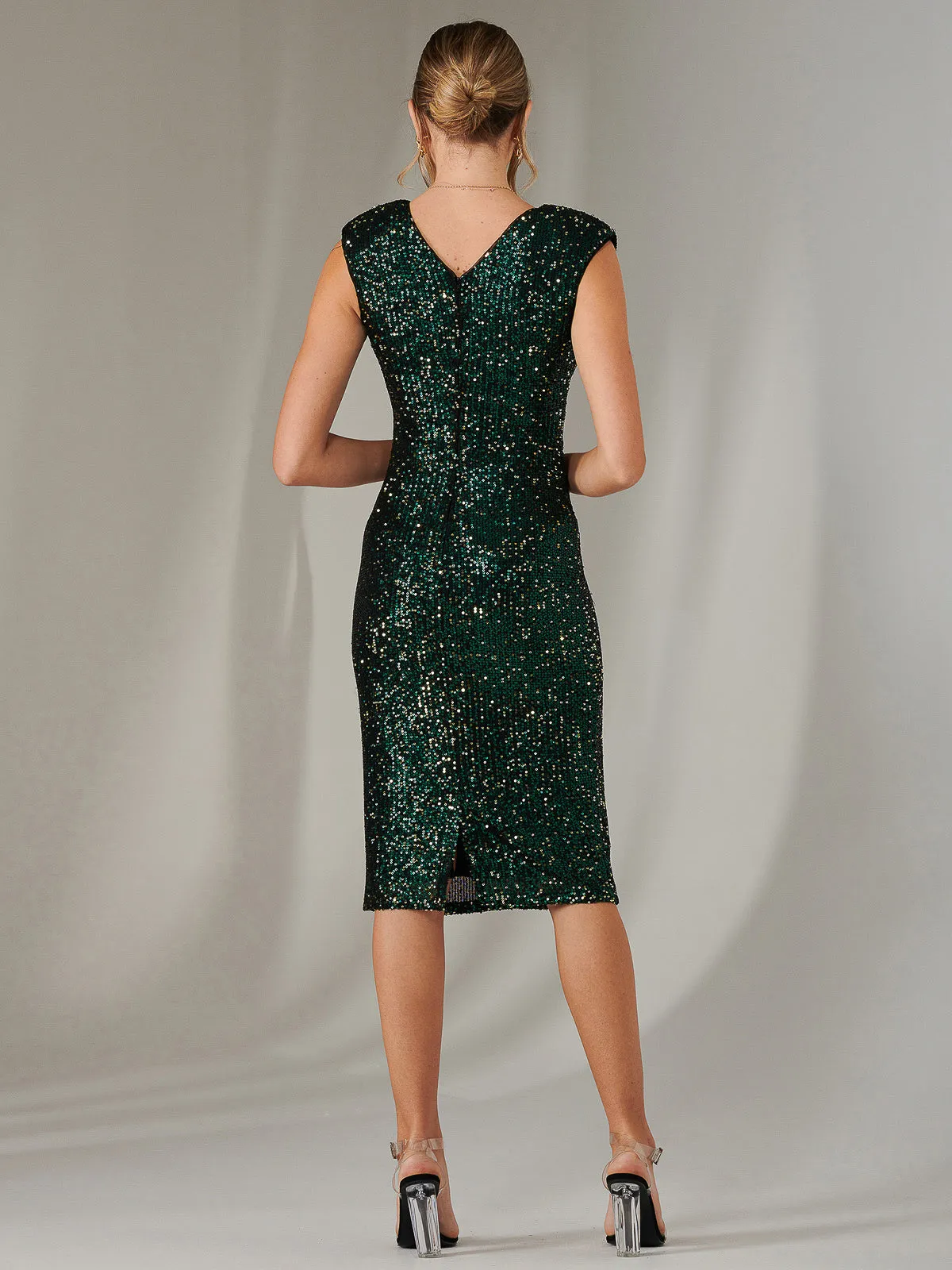 Wrap Bodice Sequin Midi Dress, Black Green
