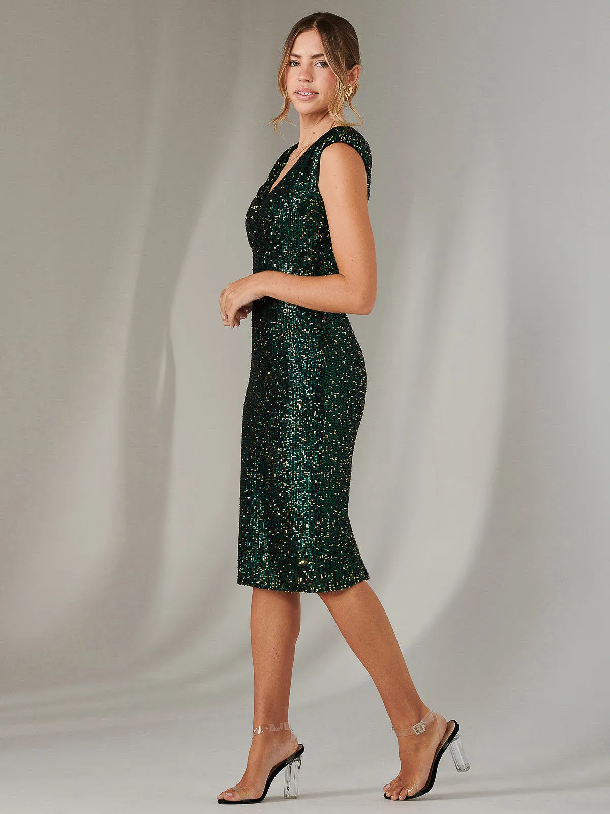 Wrap Bodice Sequin Midi Dress, Black Green