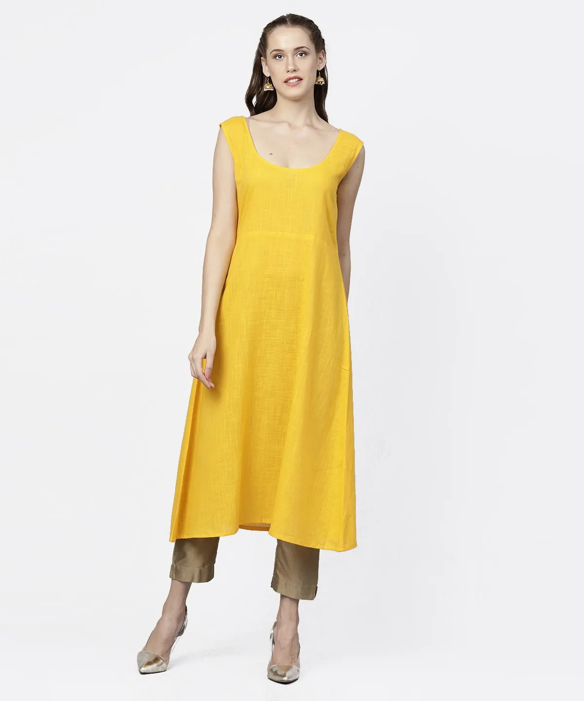 Yellow Banglori Printed Round Neck 3/4Th Sleeve A-Line Maxi Dress